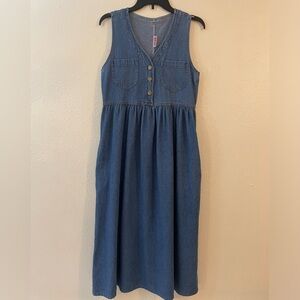 Vintage FADS blue denim sleeveless A-line V-neck jumper maxi pleated dress XS